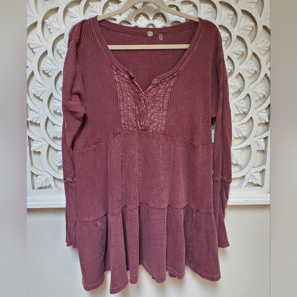 Free People One Waffle Knit Thermal Top Mini Dress With Pin Tucked Front Medium